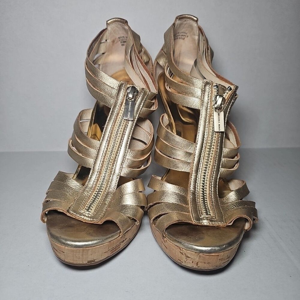 Women's Michael Kors Vintage Gold Leather Gladiator Pumps Cork Platform 8